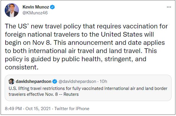 美国将全面取消观光禁令 核酸呈阴性及接种疫苗才气入境