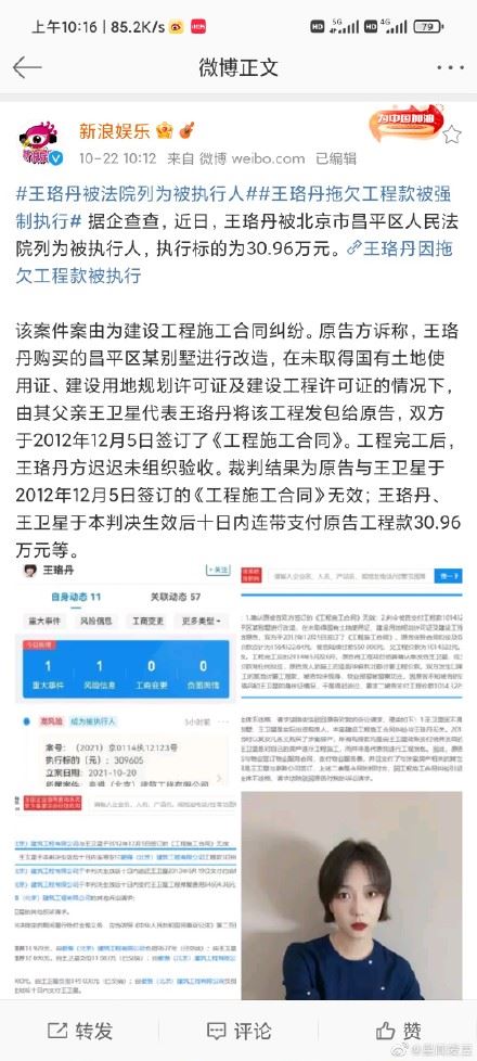 王珞丹拖欠工程款被强制执行 网友:拖欠农民工工资30万而已
